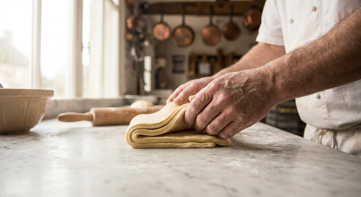 A baker shaping croissant dough
