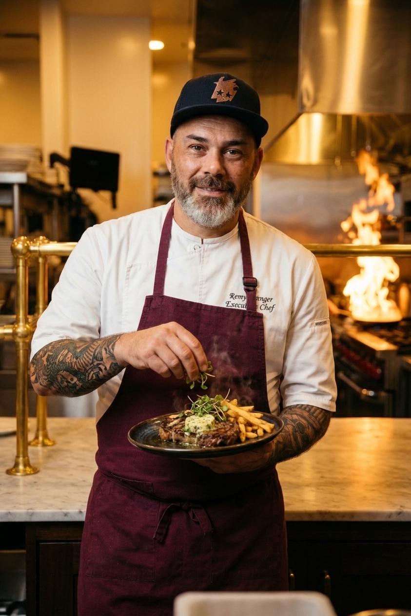 Chef Rémi Granger garnishing a fire-cooked plate