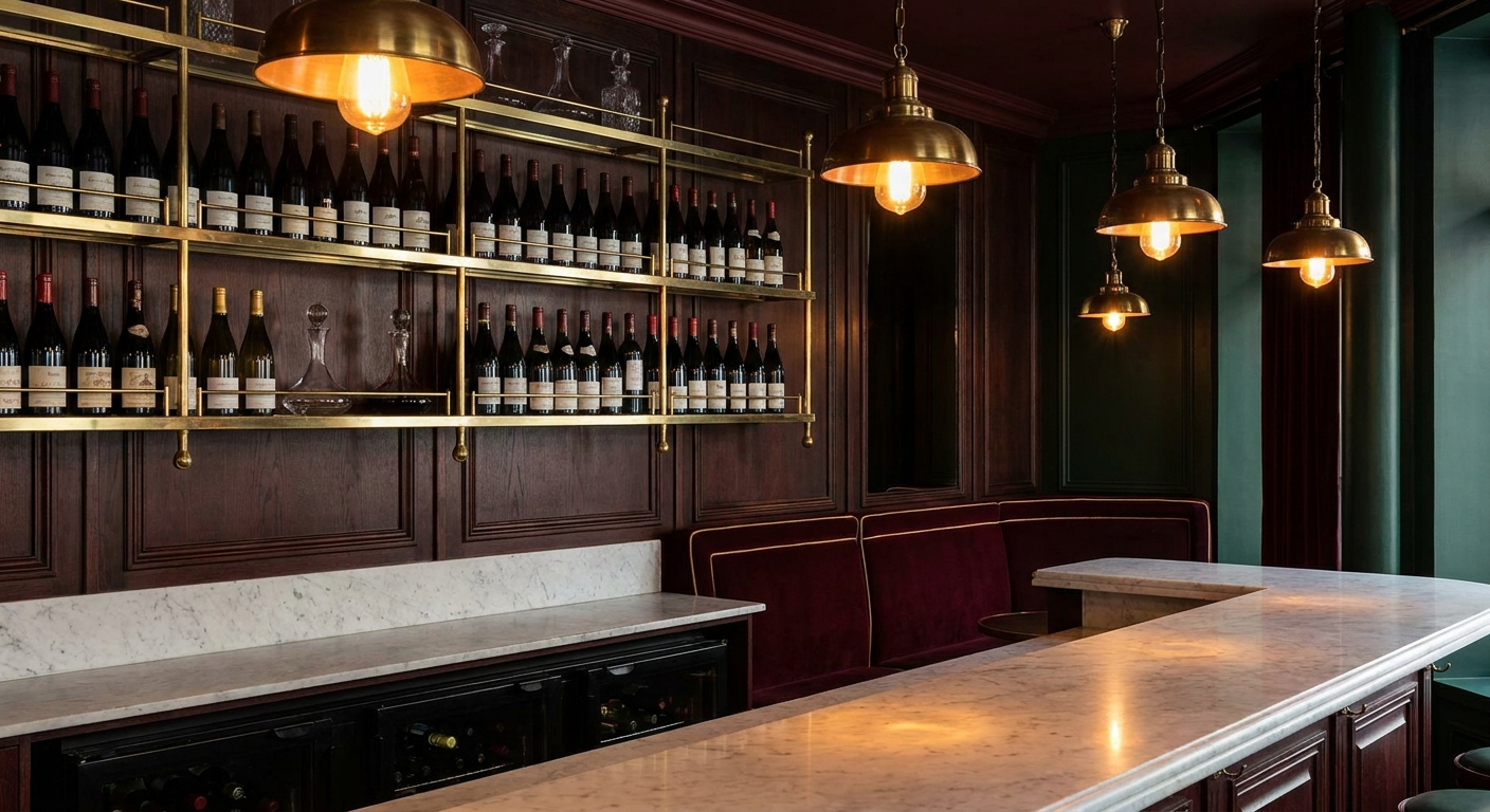 Le Bar — brass shelves and natural wine
